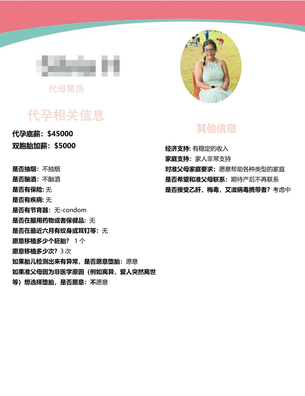 內地中介提供 一些代母簡介範 本,指配對代母 時可直接與代母 人選對話。 內地中介提供 一些代母簡介範 本,指配對代母 時可直接與代母 人選對話。