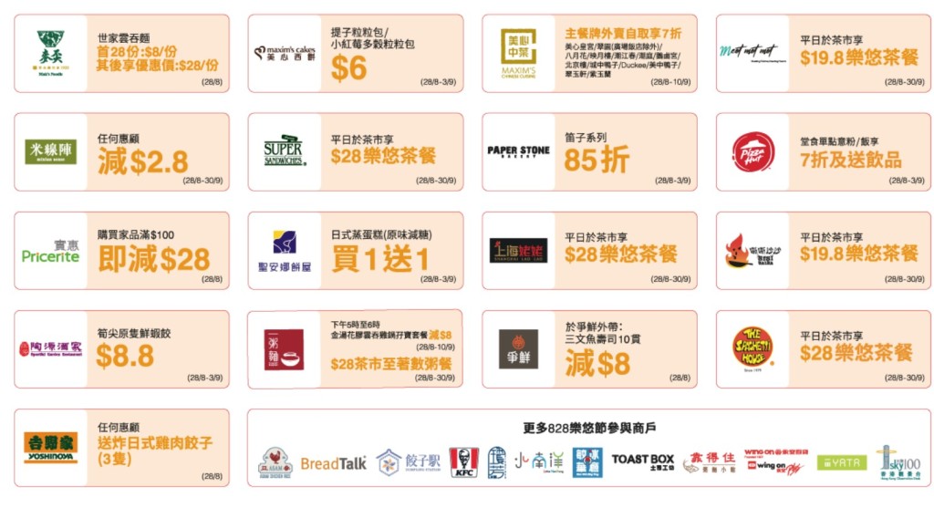 參與的零售商戶則包括百佳、AEON、Circle K、日本城、萬寧、屈臣氏、759阿信屋、大生、優品360、實惠等 參與的零售商戶則包括百佳、AEON、Circle K、日本城、萬寧、屈臣氏、759阿信屋、大生、優品360、實惠等