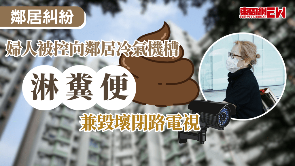 鄰居糾紛鬧上法庭，59歲家庭主婦涉於去年5月至7月損壞下層鄰居的閉路電視鏡頭，及淋潑糞便到鄰居的冷氣機槽。她否認將糞便拋擲到私人財產及刑事損壞罪，案件今於東區裁判法院開審。女鄰居供稱去年5月起，有人把垃圾扔到其單位冷氣機上，她曾向大廈作投訴不果，後來便在廁所窗外裝上閉路電視，先後10次拍攝到被告倒下糞便。
