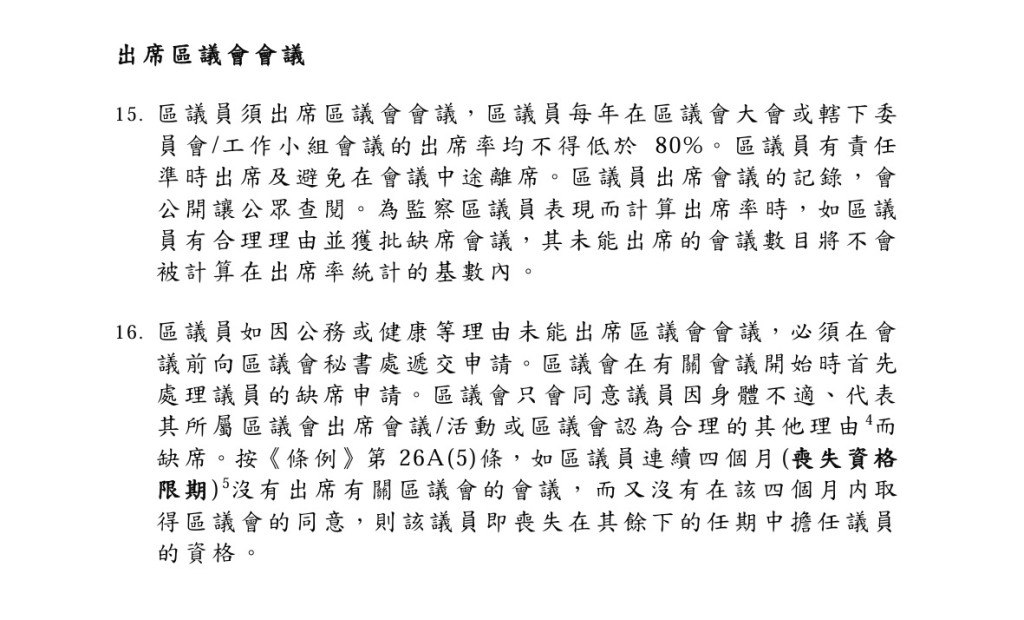 《區議員履職監察制度指引》對區議員的操守以至會議出席率均有嚴格要求。