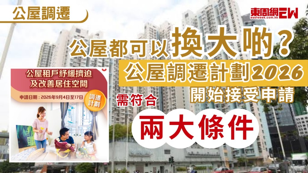 公屋住戶想搬大啲？香港房屋委員會（房委會）新一輪「公屋租戶紓緩擠迫調遷計劃」及「改善居住空間調遷計劃」由即日（2026年9月4日）起正式接受申請，截止日期為9月17日，只要合資格公屋租戶符合兩大核心條件，即有機會自選較大面積單位改善生活，究竟誰符合資格？揀樓先後次序如何排列？如何申請，遞交手續與流程怎樣？