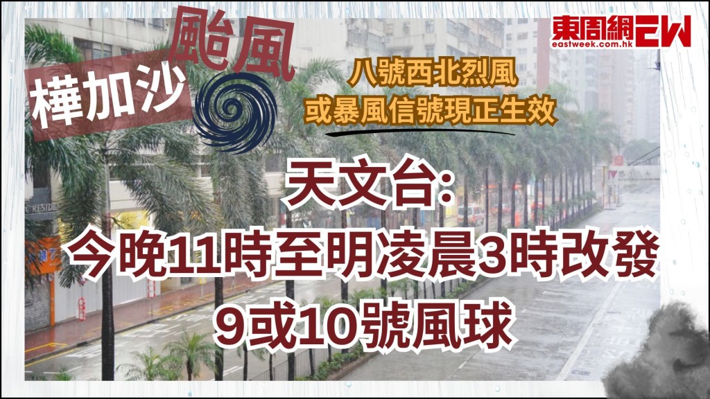 超強颱樺加沙｜八號西北烈風或暴風信號生效 天文台評估今晚11時至明凌晨3時改發9或10號風球