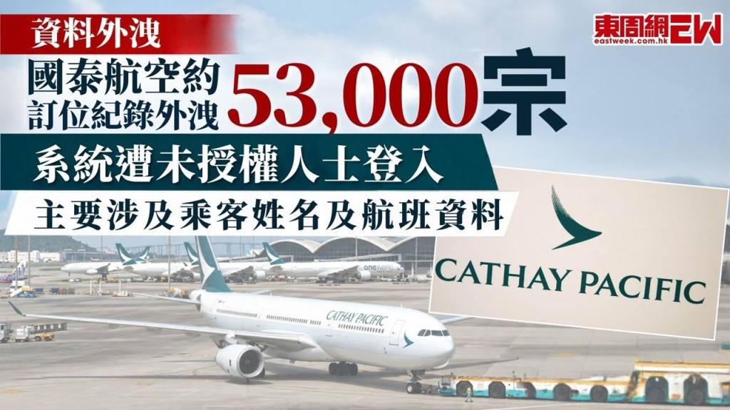 國泰航空今日（30日）宣布，其第三方旅遊科技服務供應商Amadeus系統遭未授權人士登入，導致約53,000宗訂位紀錄外洩，主要涉及乘客姓名、航班資料等。