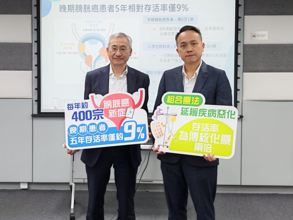 （左）香港泌尿腫瘤科學會會長及臨床腫瘤科專科鄺維基醫生、副會長及臨床腫瘤科專科潘明駿醫生