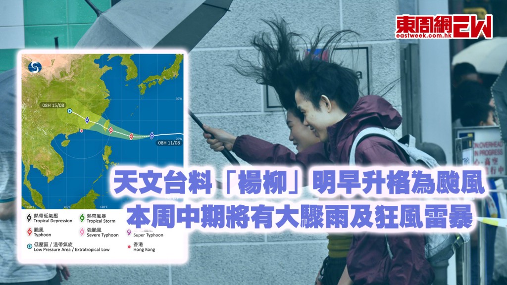 打風︱天文台料「楊柳」明早升格為颱風 本周中期將有大驟雨及狂風雷暴