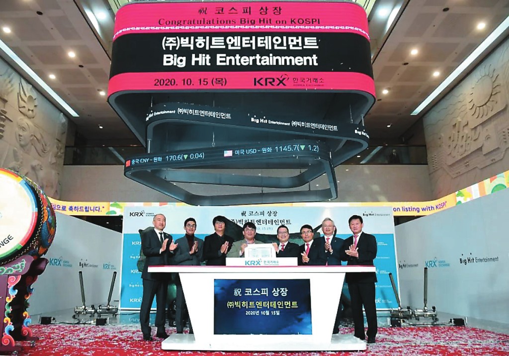 HYBE前稱Big Hit Entertainment， 二○年上市時獲超額認購一千一百倍，首日爆升超過九成。