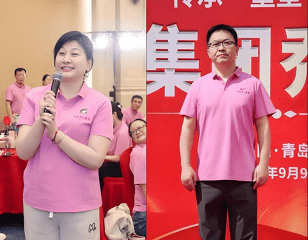 汪軍（右）妻子徐英（左）早在二二年透過以資金投入方式換取雙星名人的新股，攤薄其他股東持股比例，取得公司逾五成六股權，躍升為第一大股東。