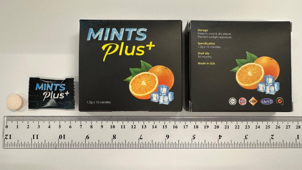 衞生署呼籲市民切勿購買或服用圖示的一款包裝成糖果、名為「MINTS Plus+」的產品，因為該產品被發現含有未標示受管制藥物成分，不當服用有機會構成嚴重健康風險，尤其是對有心臟問題的病人。