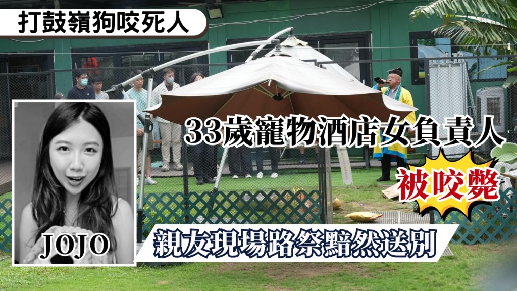 香港打鼓嶺坪洋村昨晚發生唐狗咬斃人慘劇，死者為33歲的寵物酒店及狗隻訓練中心負責人Jojo，懷疑餵飼一隻30公斤重，入住僅約10天正等待領養的唐狗後，打算將狗帶回狗籠時，被該唐狗襲擊，最終倒斃場外草地，Jojo親友，今（21日）帶同道士及祭品，到場進行路祭，各人神情黯然，現場所見，有親友到場協助將部分遺下的狗隻，用狗籠運走。