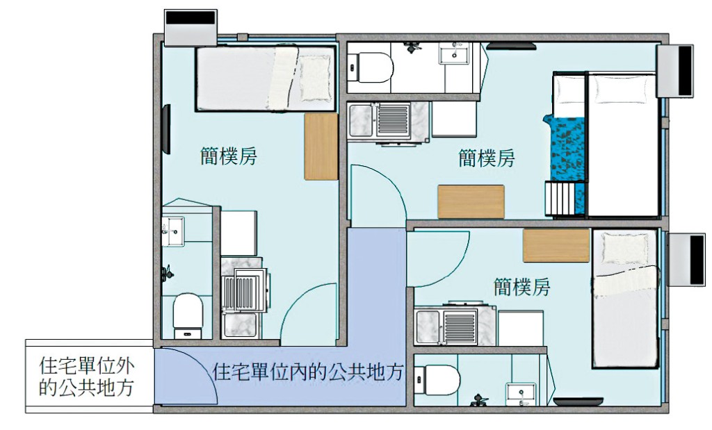 每間「簡樸房」面積不少於八平方米,並須設有獨立廁所。 每間「簡樸房」面積不少於八平方米,並須設有獨立廁所。