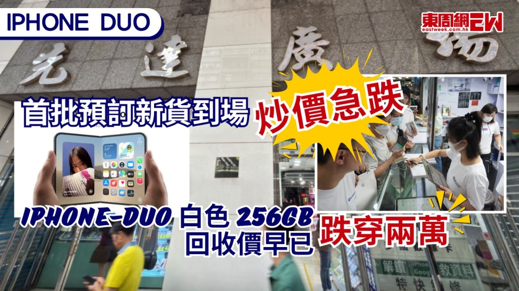 蘋果首款全新摺機 Apple iPhone Duo今日（23日）發售，首批預購客戶可於早上8時起取機，不少人收到貨後到旺角先達放售，中午時段過後，收機價急速回落，iPhone-Duo白色256GB回收價早已跌穿兩萬。