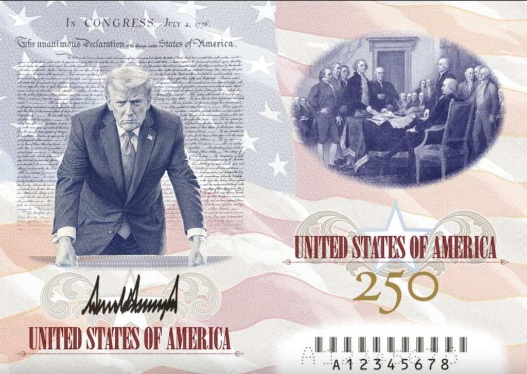 美建國250周年限量版紀念護照設計圖曝光。truthsocial.com/@realDonaldTrump