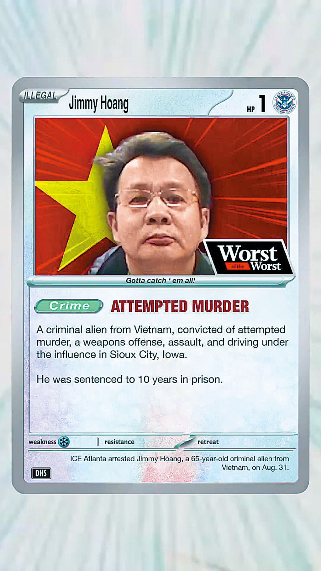 美國國土安全部為被捕的非法移民拍照,然後製成偽Pokémon卡,標上罪名和國籍。 美國國土安全部為被捕的非法移民拍照,然後製成偽Pokémon卡,標上罪名和國籍。
