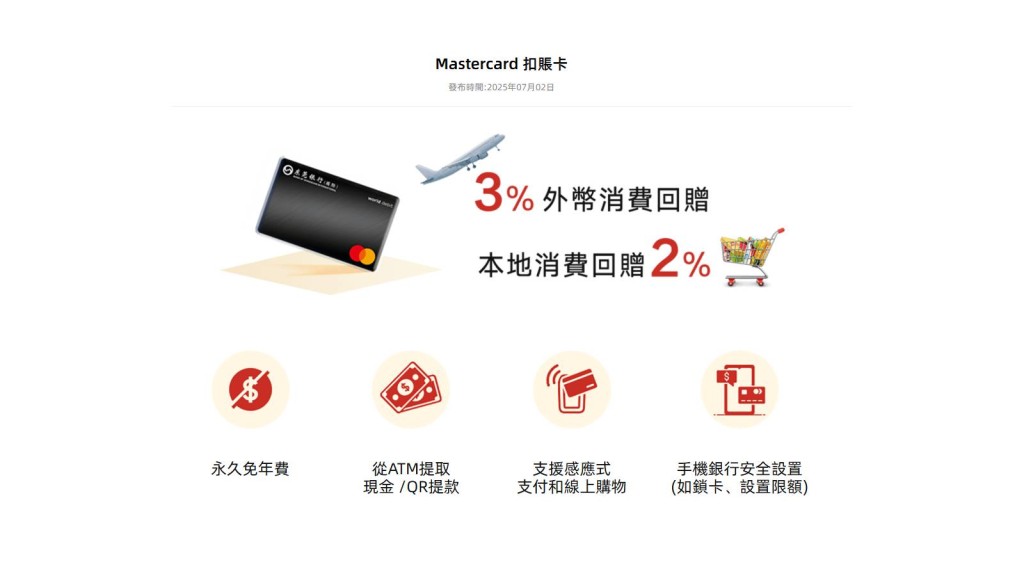 莞銀國際推出兩款Mastercard扣賬卡,主打3%外幣消費回贈及2%本地消費回贈。 莞銀國際推出兩款Mastercard扣賬卡,主打3%外幣消費回贈及2%本地消費回贈。