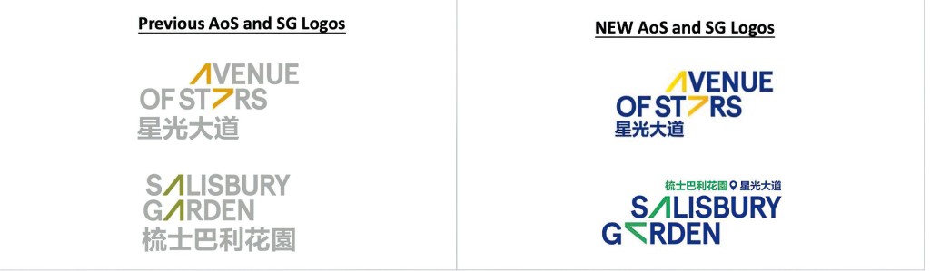 根據海濱事務委員會轄下九龍、荃灣及葵青海濱發展專責小組文件，顯示星光大道和梳士巴利花園的新舊標誌對比。