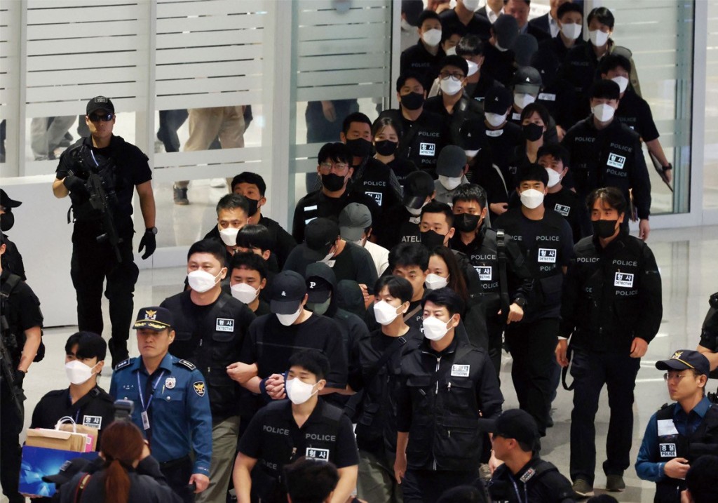 六十四名韓國公民涉嫌在柬埔寨參與網絡詐騙活動,早前被安排乘搭包機返韓,隨即被韓國警方帶走接受調查。 六十四名韓國公民涉嫌在柬埔寨參與網絡詐騙活動,早前被安排乘搭包機返韓,隨即被韓國警方帶走接受調查。