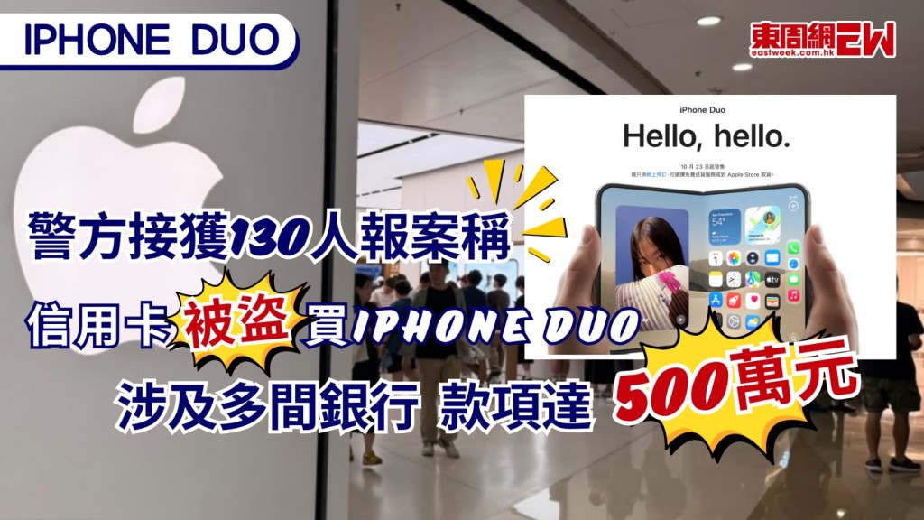 Apple首款摺疊手機iPhone Duo上周五起接受網上預購，熱爆全城，惟再爆出之前iPhone 18 Pro 開賣信用卡盜用事件，眾多網民稱信用卡被盜用且重覆碌卡，警方表示，截至今日上午9時，警方共接獲130人報案指，懷疑信用卡被盜用於網上購買智能電話的報案，涉及金額約500萬元，案件均暫列「以欺騙手段取得財產」，交由網路安全及科技罪案調查科跟進調查，暫無人被捕。