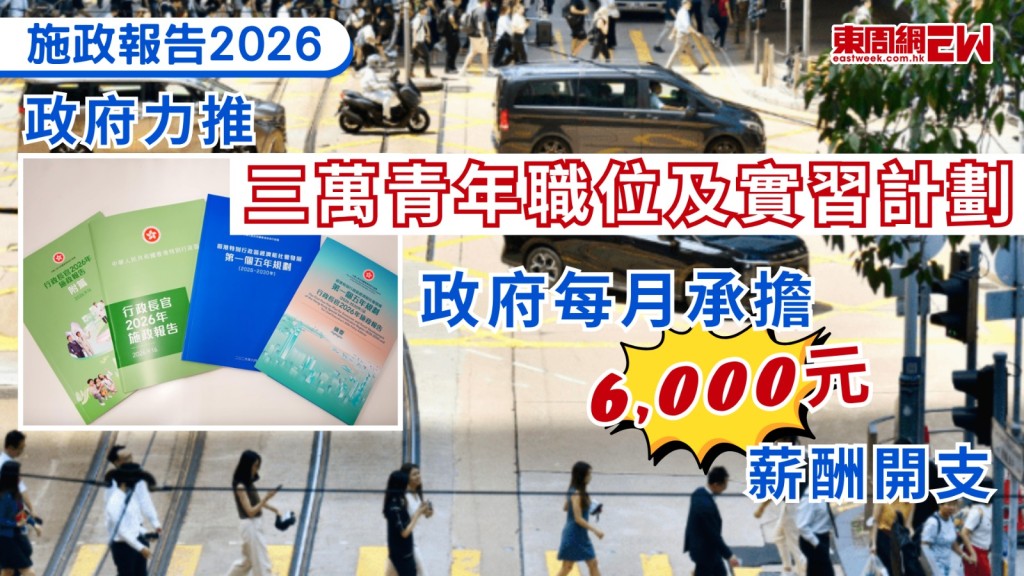 香港首個五年規劃及2026年《施政報告》出台，為協助青年就業和發展，《施政報告》提出，政府會聯同商界推出為期兩年的「三萬青年職位及實習計劃」，包括政府組織商界包括各大主要僱主團體及商會在明年首季起兩年內，額外提供1萬個為期六個月或以上的全職職位，聘用初入職青年，並由政府承擔每月6,000 元或不多於月薪三分之一的部分薪酬開支，為期六個月。