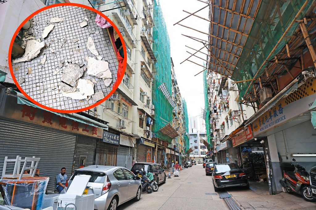 土瓜灣「十三街」納入重建項目，惟一直未有進展，部分單位老化情況嚴重，不時有大量石屎剝落（圓圖）。