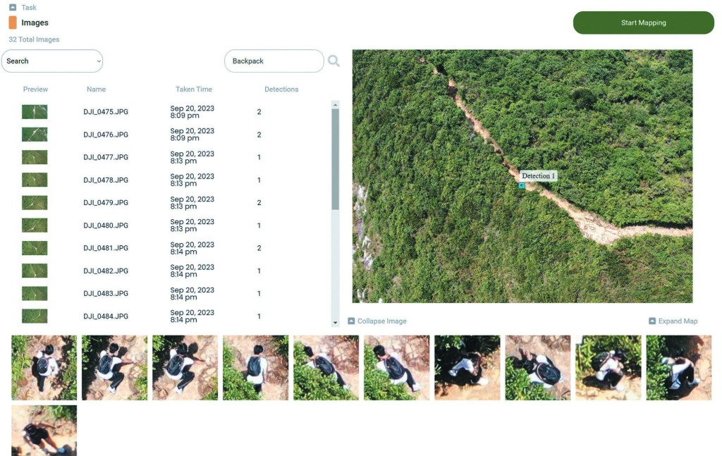「SparAI」系統運用AI影像分析技術,從叢林照片中辨識出可能失蹤人士的疑似目標,同時記錄每張照片的拍攝位置和無人機的飛行高度等資訊,提高搜救的針對性和效率。 「SparAI」系統運用AI影像分析技術,從叢林照片中辨識出可能失蹤人士的疑似目標,同時記錄每張照片的拍攝位置和無人機的飛行高度等資訊,提高搜救的針對性和效率。