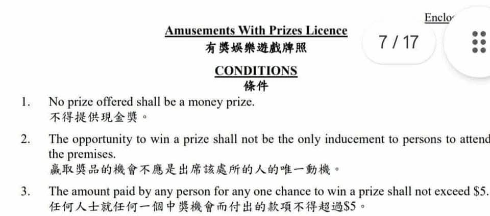 早於2023年12月底，本刊已率先報導此問題，要在本港開設室內遊樂場，必須申請「公眾娛樂場所牌照」及「有獎娛樂遊戲牌照」等牌照，其中一個申請條件為任何人士就任何一個中獎機會而付出的款項不得超過$5。