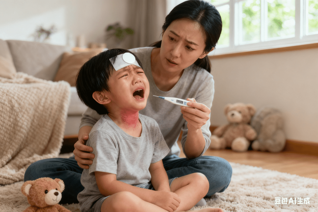 持續高燒、吞嚥困難時，或病童不停哭叫，應立即求醫檢查。