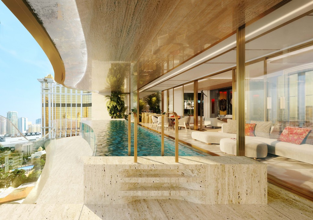 澳門銀河嘉佩樂酒店設有36間由Moinard Bēētaille建築事務所操刀設計的帶有無邊泳池的空中別墅。