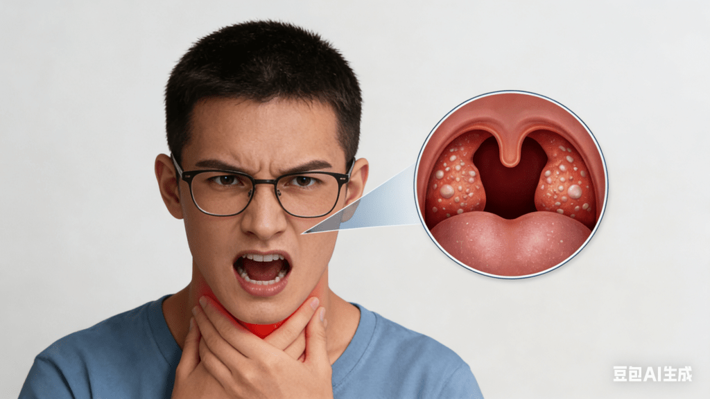 扁桃腺位於喉嚨後方兩側，感染後會腫脹發炎。