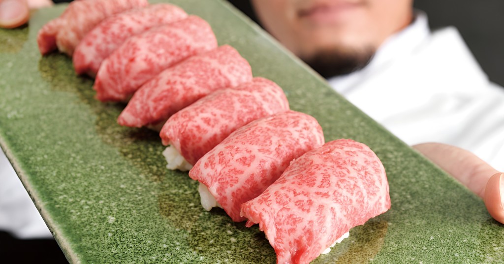 入口即融的和牛肉壽司,經即席炙燒,甘香油脂盡滲壽司飯中,滋味一絕。 入口即融的和牛肉壽司,經即席炙燒,甘香油脂盡滲壽司飯中,滋味一絕。