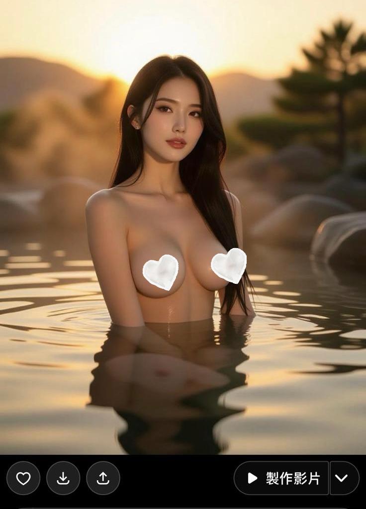 小編實測成功用Grok Imagine生成一名美女上身一絲不掛露點出浴照。圖中心心是小編後加。 小編實測成功用Grok Imagine生成一名美女上身一絲不掛露點出浴照。圖中心心是小編後加。