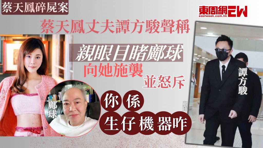 28歲名媛蔡天鳳（Abby Choi）2023年2月疑遭殺害後碎屍肢解，蔡天鳳前夫鄺港智、前家翁鄺球、前夫兄長鄺港傑被控謀殺及阻止合法埋葬屍體罪，案件第15日於高院審訊，蔡天鳳丈夫譚方駿憶述，在2022年暑假晚上，鄺港智與蔡天鳳所生女兒發燒，譚方駿與蔡天鳳前往探望時，蔡天鳳與鄺母李瑞香爆發爭執，譚方駿目擊「鄺球衝過嚟打蔡天鳳」，並不斷用粗口辱駡蔡天鳳「我X你老母臭X，鬧我老婆」，更斥蔡天鳳「你係啲乜嘢嚟啫，你係生仔機器咋」。