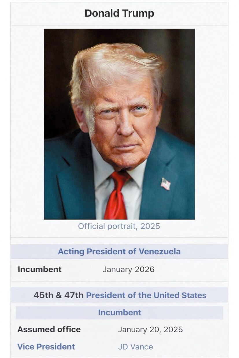 特朗普更在社交平台TRUTH發布照片，自稱「委內瑞拉代總統」。