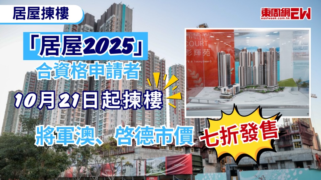 房屋委員會宣布，「居屋2025」將於10月21日開始選樓，按申請類別的優先次序，分批邀請合資格申請者前往樂富客戶服務中心選購，計劃涵蓋啟德及將軍澳等五大項目，售價150萬起以七折定價。