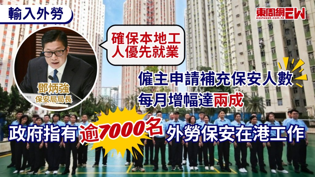 勞工處自2023年9月4日起推行「補充勞工優化計劃」，政府近日表示，截至9月，共接獲僱主申請輸入17,742名保安員，至今已獲批准輸入7,275名保安員，按入境處數字，於2026年8月，共有2,736名輸入保安員經優化計劃在港工作，每月平均申請人數由2023年（9至12月）的463人，增至2026年（7至9月）的564人，增幅達兩成。