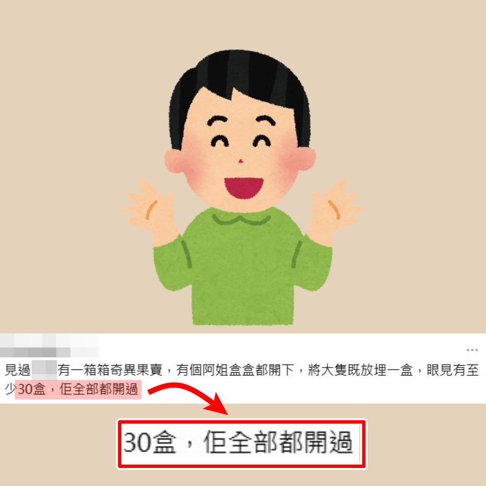 •見過XX有一箱箱奇異果賣,有個阿姐盒盒都開下,將大隻嘅放埋一盒,眼見有至少30盒,佢全部都開過;Threads截圖 •見過XX有一箱箱奇異果賣,有個阿姐盒盒都開下,將大隻嘅放埋一盒,眼見有至少30盒,佢全部都開過;Threads截圖