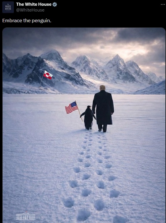 國際政局風雲色變，投資者湧入黃金避險，美國白宮出AI圖企令市場憂慮格陵蘭局勢，然而圖片被嘲北極沒有企鵝。
