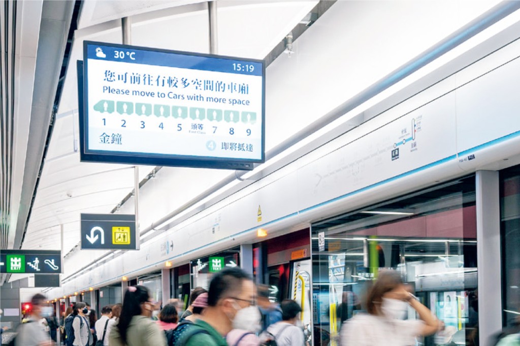 屯馬綫和東鐵綫設有「車廂載客情況顯示」，方便乘客選擇到較多空間的車卡上車。