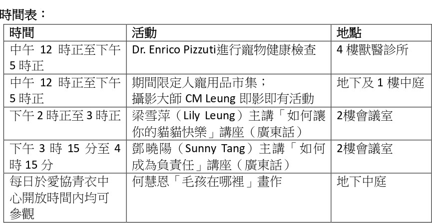 「寵物夏季健康慶典」活動時間表 (8月24日)