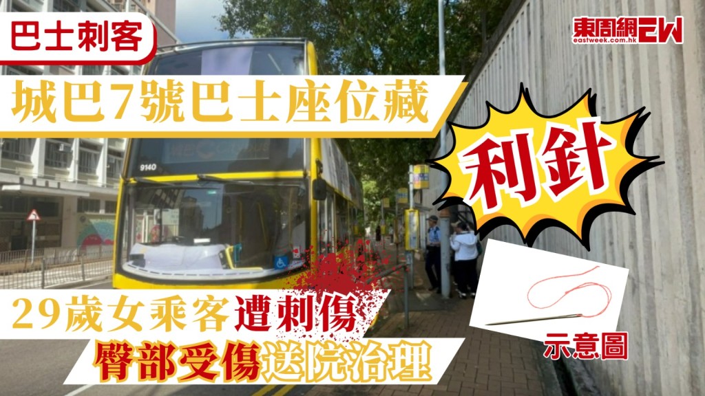巴士「刺客」再現！今日（23日）下午2時許，一名29歲女子乘搭城巴7號線前往石排灣，其間她在上層前排左邊位置坐下，突然發現臀部感到一陣刺痛，連忙向座椅查看，赫見有一支縫紉針，於是通知車長。車長隨即將車停在港大西閘的巴士站並報警。救援人員接報到場，將女事主送往瑪麗醫院治理，警方正調查事件。