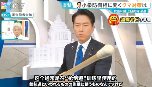 日本防衛大臣小泉進次郎在接受訪問時拿起一根木棍演示如何防衛熊的襲擊。