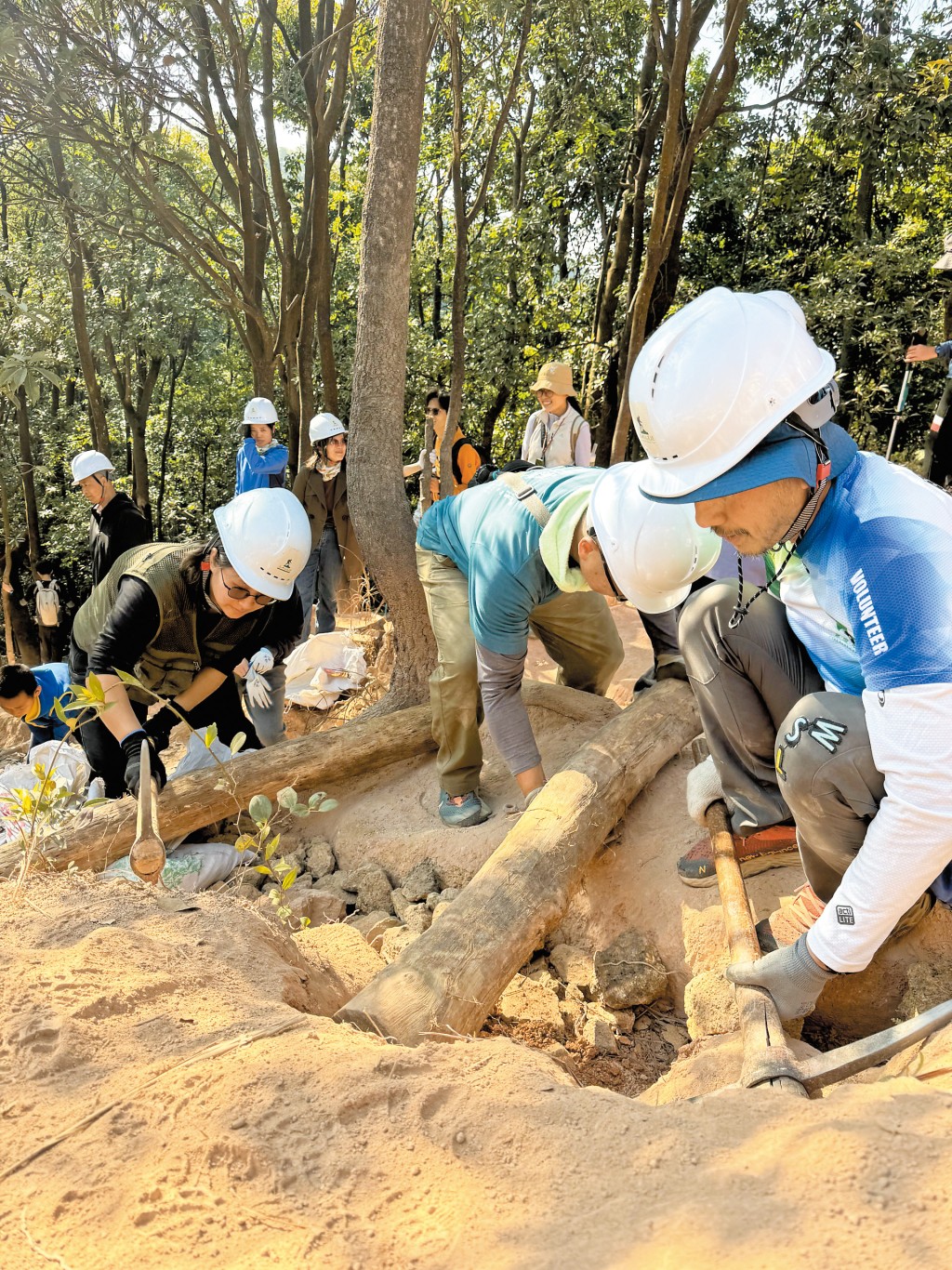 綠惜地球義工隊首次到深圳鯤鵬徑協助修復山徑，以一天時間進行回填及固定部分沖蝕坑，阻止沙土流失。 （照片由綠惜地球提供）