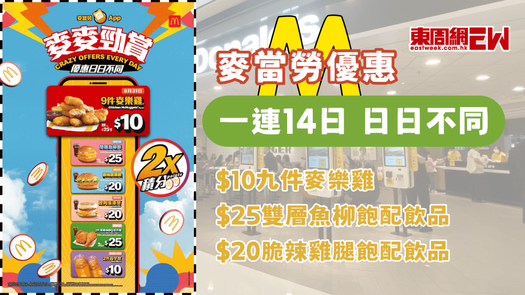 麥當勞優惠 | $10九件麥樂雞 $25雙層魚柳飽配飲品 $20脆辣雞腿飽配飲品