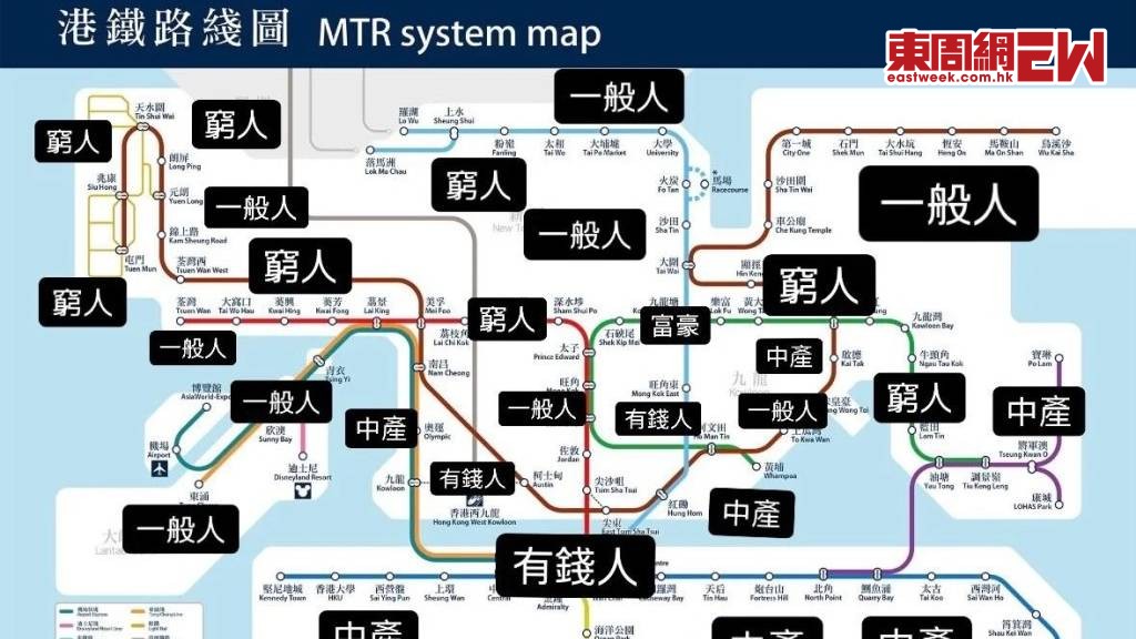 早前，有網民在小紅書上以「這個圖是真的嗎？」為題上傳一張「港鐵沿線貧富分佈圖」，該圖將香港18區沿著港鐵路線分為「窮人」、「一般人」、「中產」、「有錢人」及「富豪」5個階層  