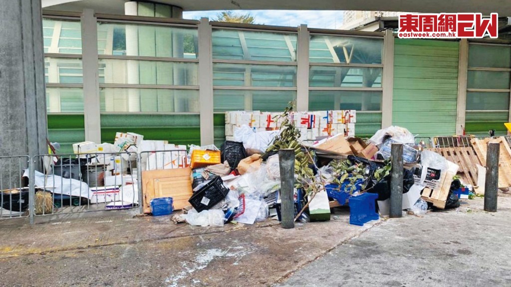 青海圍附近隔音屏近青海圍垃圾收集站一段堆有發泡膠箱，並混雜木板、膠箱、樹枝等雜物。