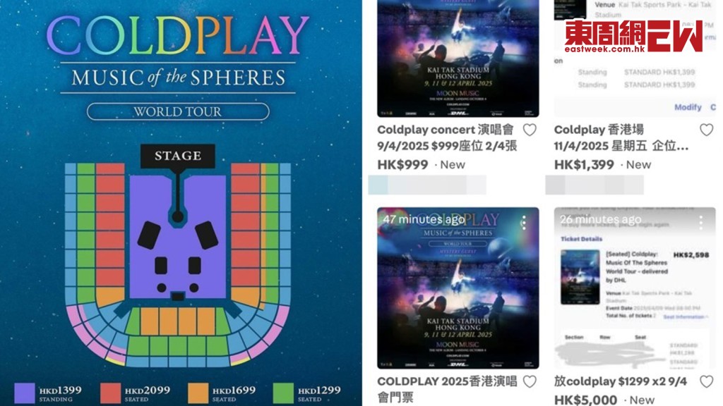 Coldplay香港演唱會｜今早優先訂票半小時售罄 黃牛黨4張$1,299索價$4萬