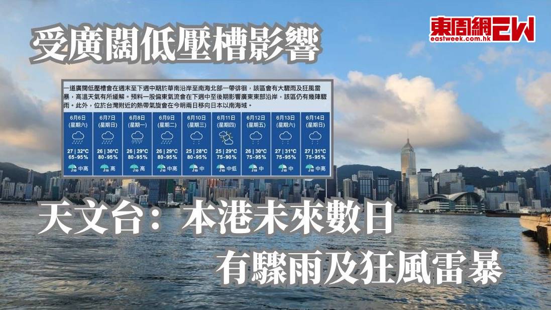 受廣闊低壓槽影響  天文台：本港未來數日有驟雨及狂風雷暴